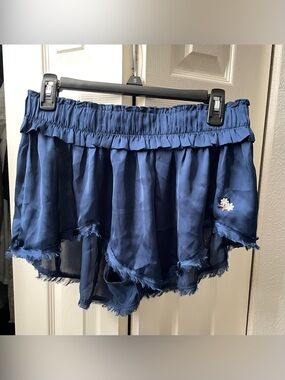 Intimately by Free People-Navy Ruffled Elastic-Waist Short with Floral Accent